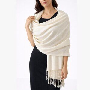 $120 Pashmina Cream Pashmina Silk Scarf Shawl Wrap Fringe 29x72 Elegant